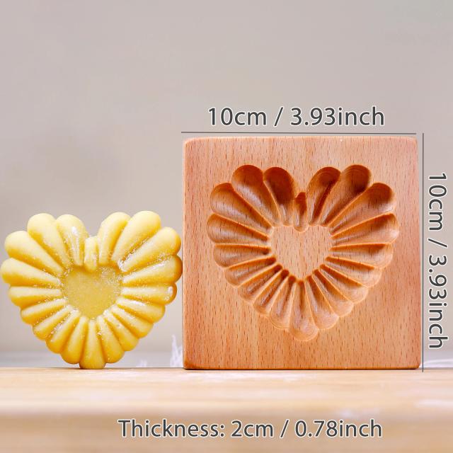 Moldes de Biscoito de Madeira com Padrões de Coração e Flores para DIY - Cortador Esculpido em Relevo para Biscoitos e Fondant