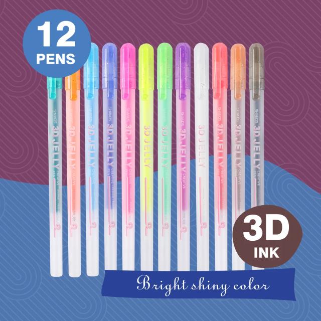 Conjunto de Canetas Gel 3D com Ponta de 1mm, 12 Cores Vibrantes para Arte, Caligrafia e DIY