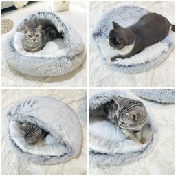 Almofada de pelúcia redonda para animais de estimação, cesta quente, saco de dormir, ninho de gato, canil, casinha, inverno, 2 em 1 - Image 3