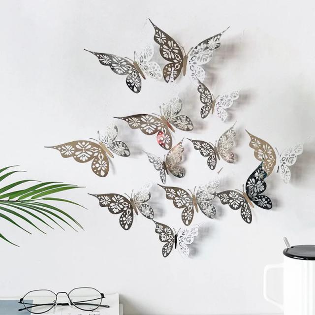 Conjunto de 12 Adesivos 3D em Forma de Borboletas Oca em Metal Dourado, Prateado e Rosa para Decoração de Festas e Paredes