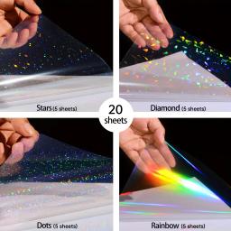 20 folhas de papel adesivo holográfico de PVC, padrões mistos A4 (arco-íris, vidro quebrado, estrelas, pontos), laminação a frio autoadesiva - Image 1