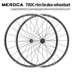 Meroca conjunto de rodas de bicicleta 700c liga de alumínio ultra-leve alavanca de liberação rápida aro freio da bicicleta de estrada roda traseira dianteira 700x23-28c pneu - Image 2