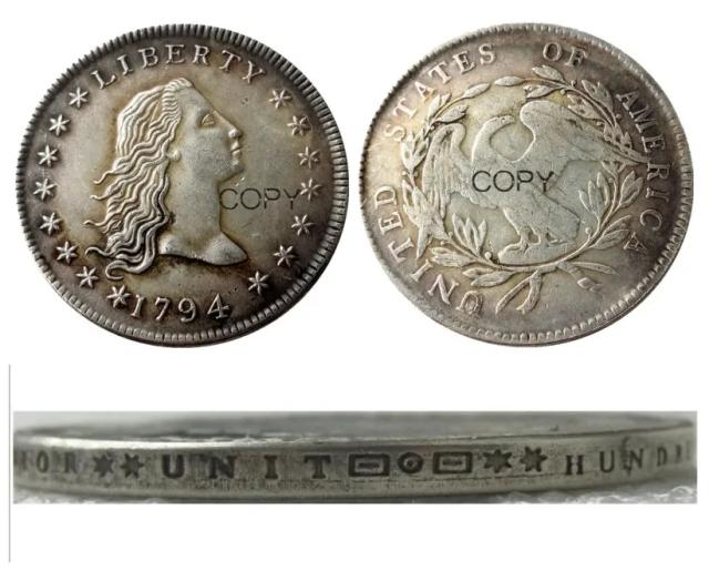Moeda US 1794 Banhada a Prata com Cabelo Fluindo - Cópia do Dólar Histórico