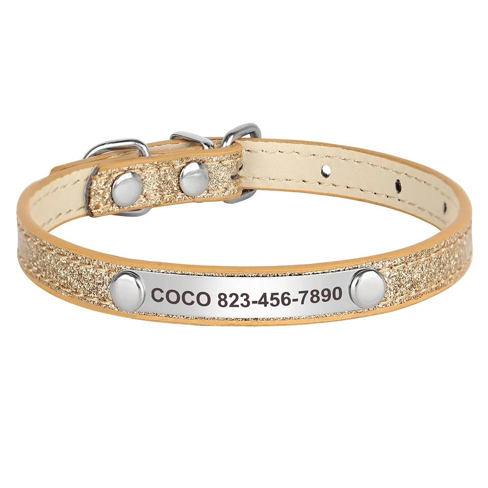Colar de couro personalizado para animais, Coleiras Bling Bling para cães pequenos e gatos, Gravado grátis, ID de cachorro e gatinho - Image 1