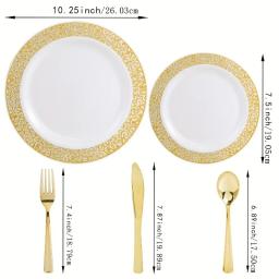 Conjunto de louça descartável dourado elegante, perfeito para festas e casamentos, inclui pratos e talheres, limpeza fácil, 100 pcs - Image 3