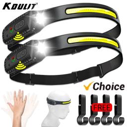 Usb recarregável led sensor farol xpe + cob farol led cabeça tocha acampamento busca luz cabeça lanterna para lanterna de pesca - Image 1
