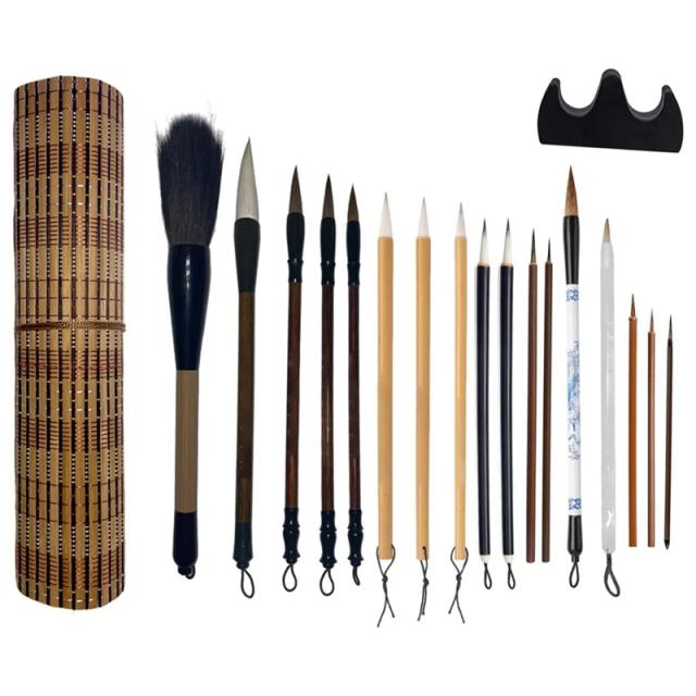 Conjunto de 19 Pincéis para Caligrafia Chinesa e Escrita de Kanji Japonês com Sumi 