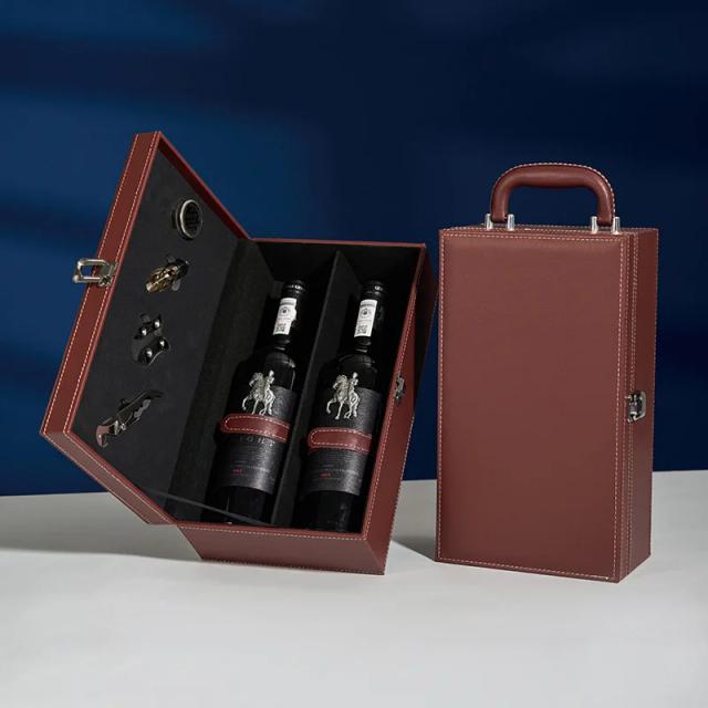 Garrafa dupla de couro PU com abridor e embalagem premium para 2 garrafas de vinho 750ml
