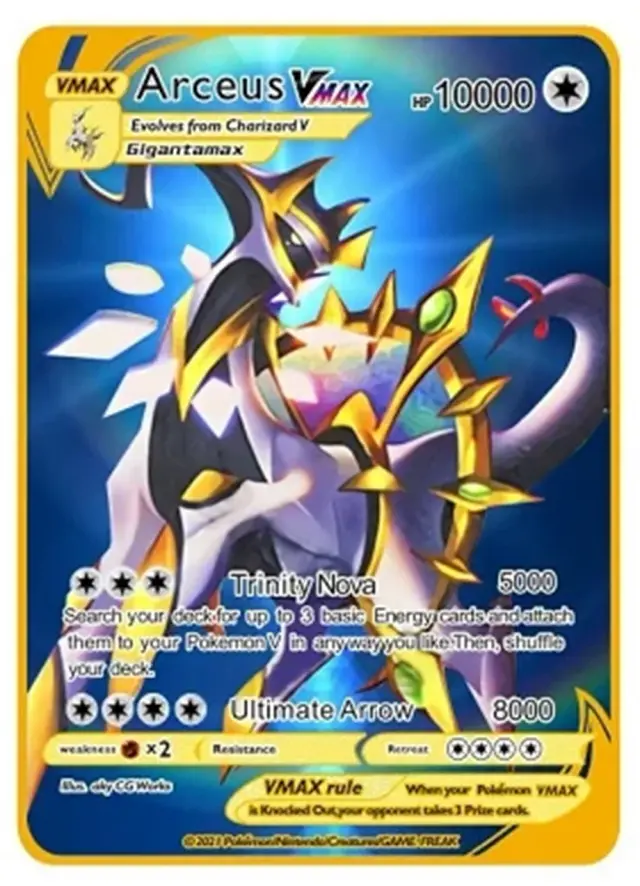 Coleção Exclusiva de Cartões Arceus VMAX Pokémon Metal - Edição Limitada Ouro com Pikachu e Charizard para Crianças, Jogo DIY com Ponto 10.000
