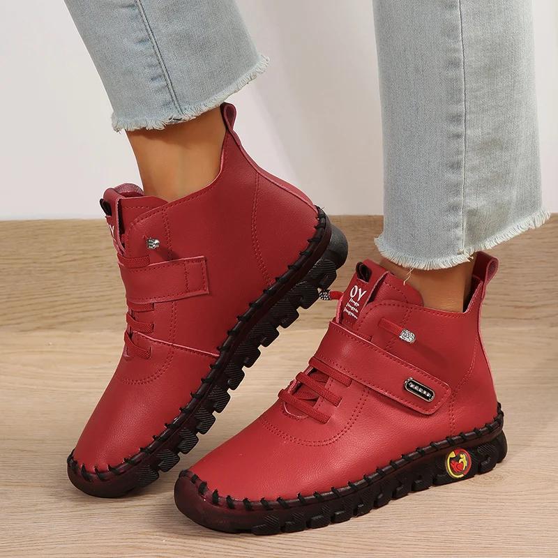 Botas de couro PU para mulheres, antiderrapante, laço de gancho, salto plano, botas de plataforma, curto, quente, outono, inverno, 2024 - Image 1