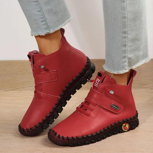 Botas de Couro PU Antiderrapantes para Mulheres com Laço de Gancho e Salto Plano - Estilo Quente e Confortável para Outono e Inverno 2024