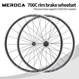 Meroca conjunto de rodas de bicicleta 700c liga de alumínio ultra-leve alavanca de liberação rápida aro freio da bicicleta de estrada roda traseira dianteira 700x23-28c pneu - Image 3
