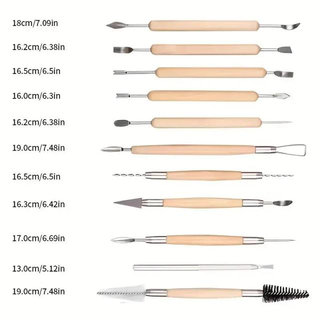 Kit Completo de Ferramentas para Escultura em Argila - 11 Peças com Cabo de Madeira Suave para Cerâmica e Polímero