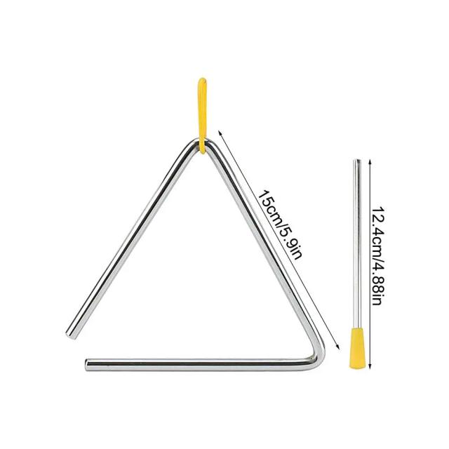 Instrumento triangular artesanal com braçadeiras de metal e pino de disparo para iluminação musical, perfeito para jantares e aulas de música.