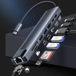 Usb 3.0 hub para computador portátil adaptador pc pd estação de doca de carga rj45 hdmi-compatível tf/sd cartão notebook tipo-c divisor - Image 1