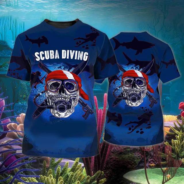 Camisetas Unisex de Mergulho Autônomo com Estampa de Caveira e Surf, Perfeitas para Férias no Havaí