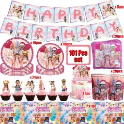 Rosa Robloxed Themed Birthday Party Decoração Set, Robot Game Cup, Kit Balão, Placa, Fontes do partido Girl, Baby Shower, 101Pcs - Image 1