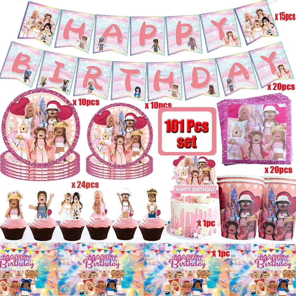 Rosa Robloxed Themed Birthday Party Decoração Set, Robot Game Cup, Kit Balão, Placa, Fontes do partido Girl, Baby Shower, 101Pcs - Image 1