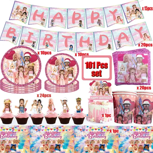 Festa de Aniversário Rosa com Tema Roblox: Kit de Decoração Completo com Copos, Balões, Placas e Mais - 101 Peças para Meninas e Chá de Bebê