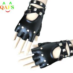 Luvas de couro sintético curto punk para mulheres, meio dedo, sem dedos, senhora, bonito, preto, na moda, 1 par - Image 2