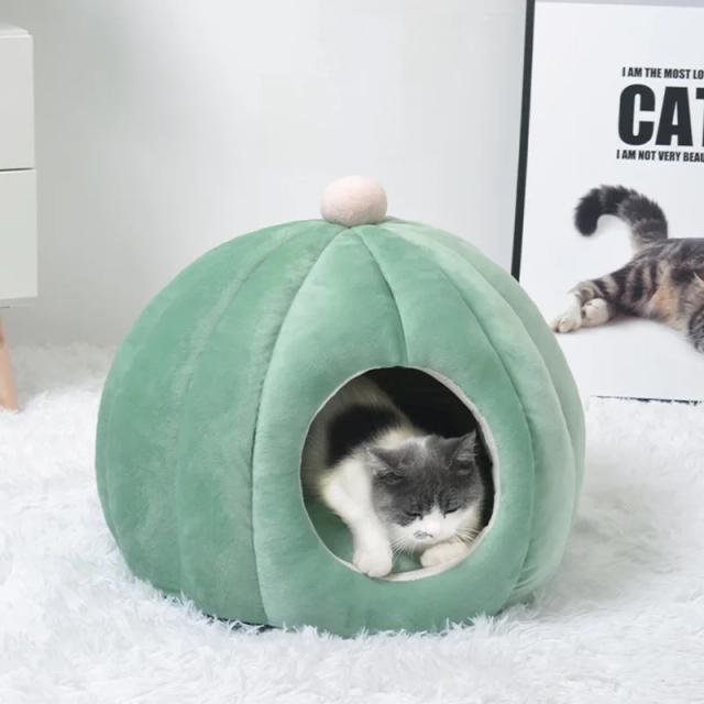 Cama de gato redonda com almofada quentinha para inverno - Canil semi fechado em 3 cores para pets