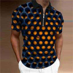 Verão gola masculina camisa polo golfe ilusão óptica impressão 3d rua manga curta zíper imprimir roupas designer respirável - Image 2