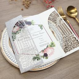 (50 peças/lote) cartão de convite de design de porta de casamento de corte a laser personalizar impressão prata glitter festa cartões de convite ic140 - Image 1