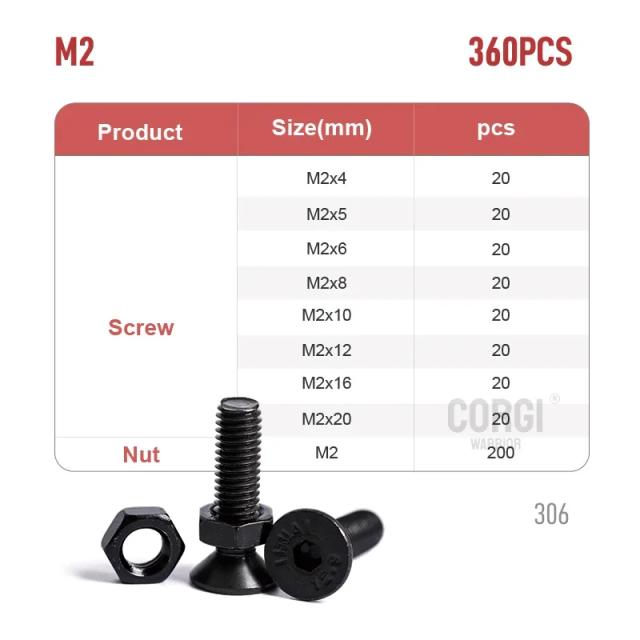 Kit Completo de Parafusos e Porcas Sextavadas com Soquete Cabeça Chata - 200 a 360 Peças M2, M2.5, M3, Grau 10.9, DIN 7991