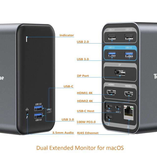 Dual Monitor Docking Station, Suporte, MacOS, Windows com 2 HDMI, DP, UDS3.0, Gigabit Ethernet, Plug and Play