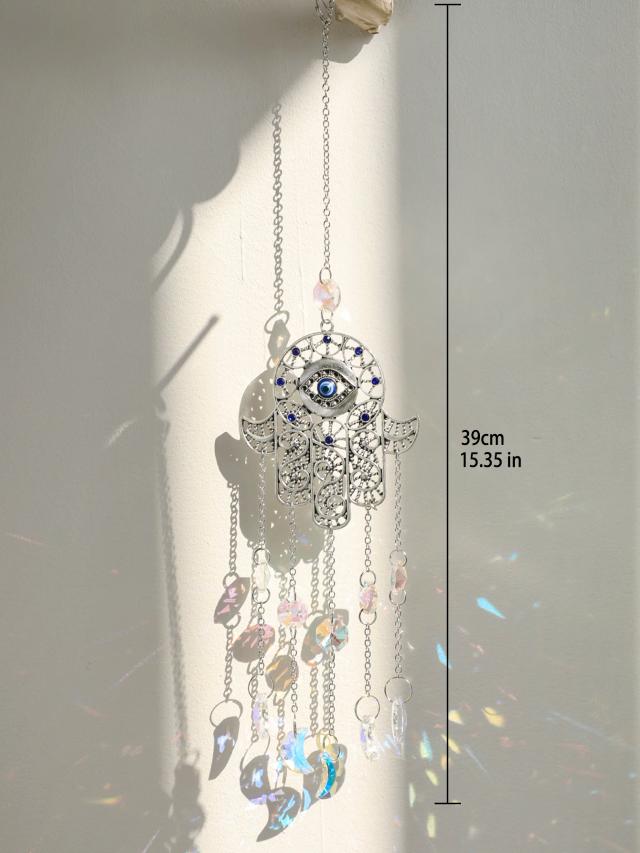 Coletor Solar Hamsa Hand Evil Eye - Prisma Arco-Íris para Proteção e Sorte