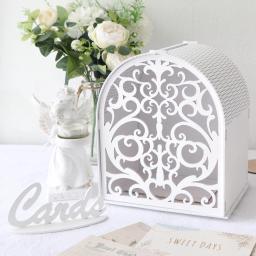 Caixa branca do cartão de presente com janela oca, envelope do casamento do boho, caixas do dinheiro para decorações do partido da graduação - Image 1