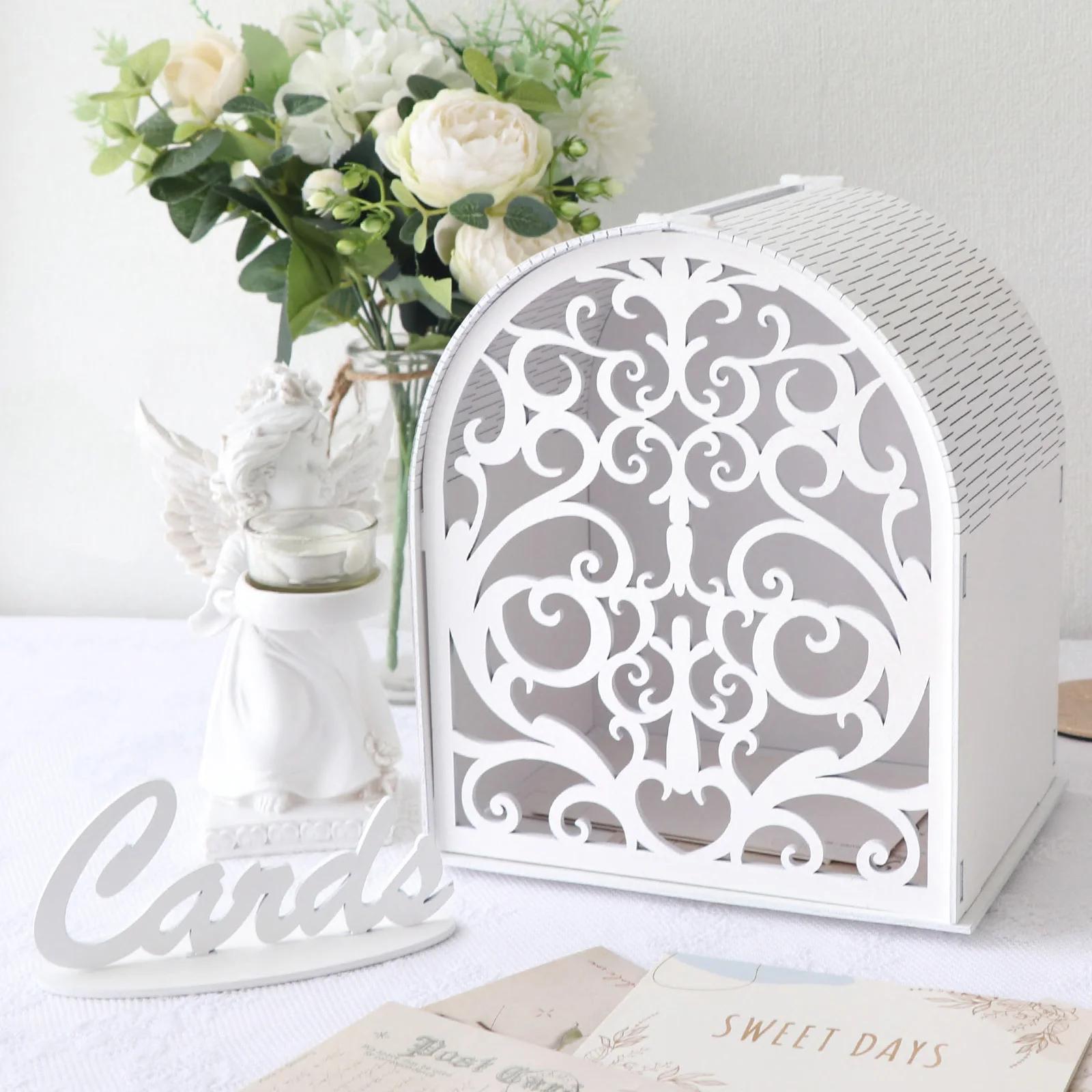 Caixa branca do cartão de presente com janela oca, envelope do casamento do boho, caixas do dinheiro para decorações do partido da graduação - Image 1