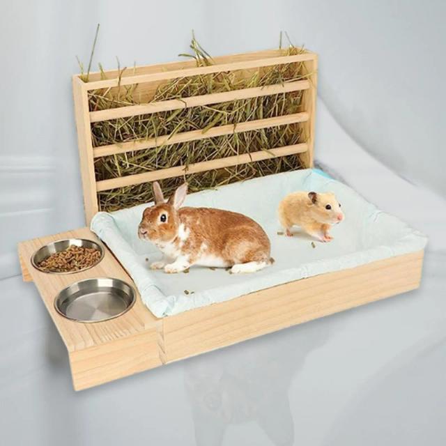 Alimentador Portátil de Madeira para Coelhos com Caixa de Litter e Suporte para Ração