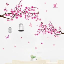 Adesivos de parede florais para quarto e sala de estar, flor de pêssego rosa, ramo de flores e pássaros, decalques para decoração - Image 2