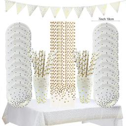 Conjunto De Louça De Aniversário Descartável, Pratos De Papel, Copos, Guardanapos, Toalha De Mesa, Decoração De Festa De Aniversário, Baby Shower, Branco e Dourado - Image 1