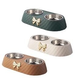 Laço bowknot tigela de comida para cães e gatos, Pet fornecimentos, PP Base, aço inoxidável, Double Pet acessórios, alimentação, beber - Image 5