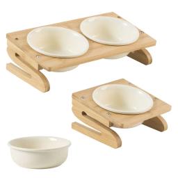 Suporte de bambu durável para animais de estimação Alimentador antiderrapante para cães Tigela de comida de gato Prato de cerâmica Alimentador de animais de estimação levantado inclinado - Image 1