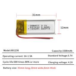 Bateria De Polímero De Lítio Para Bluetooth Headset, Ventilador De Mão, Baterias Recarregáveis, Tws Recorder, Novo, 180mAh, 601230, 3.7V - Image 3