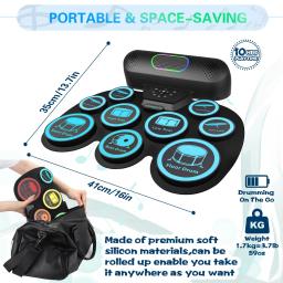 Conjunto de bateria eletrônica para crianças e adultos, 9 almofadas, kit de bateria portátil MIDI Roll-up, alto-falantes duplos, fone de ouvido, baquetas, pedais - Image 5