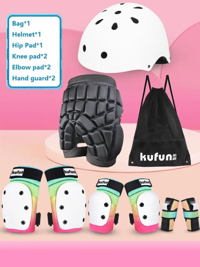 Kufun Conjunto Completo de Equipamentos de Proteção Esportiva em Rosa para Homens e Mulheres: Joelheiras e Protetores de Cotovelo para Skate e Patinação Inline