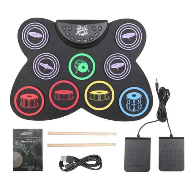 Bateria Eletrônica Dobrável Portátil com Baquetas, Pedal Sustain e Rolo de Mão - Kit 7 Pads USB Completo