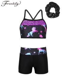 Roupa esportiva de dança feminina, Balança de sereia regata impressa com shorts, balé ginástica, roupas de ginástica, fantasia para crianças, 2 peças - Image 1