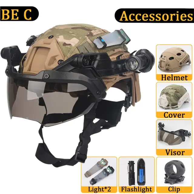 Capacete de Paintball com Viseira Flashlight e Luz Piscante para Airsoft e Jogos de Tiro