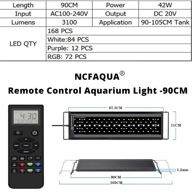 Luz LED Aquática com Controle Remoto e Temporizador, Espectro Completo para Aquários, Modo Meteorológico e Ajuste RGBW, Ideal para Plantas Aquáticas de 60 a 105 cm