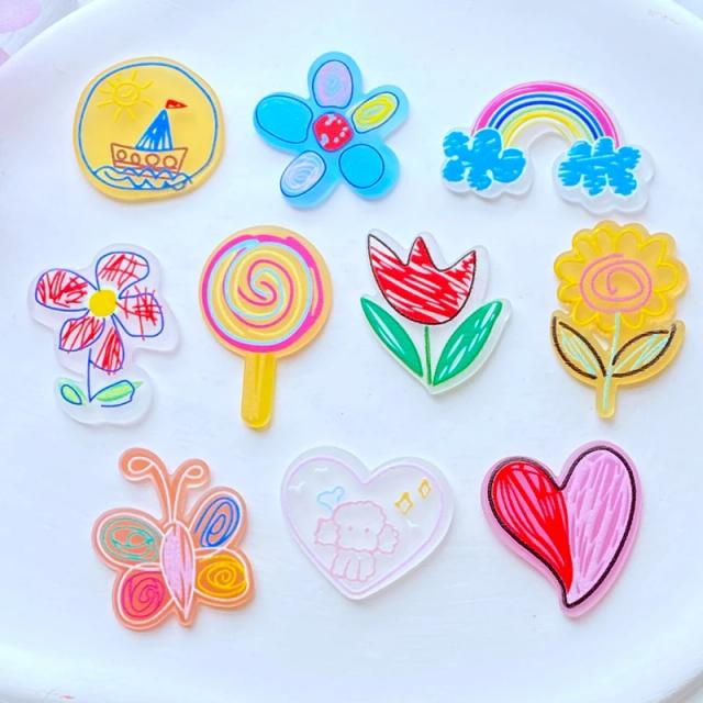 Mini Acessórios de Acrílico em Estilo Graffiti com Flores para Scrapbooking e DIY - 10 Peças Brilhantes para Artesanato e Decoração