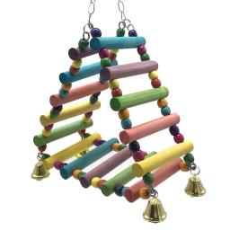 Papagaio de madeira pendurado arco-íris escalada escada brinquedo com sinos gaiola pássaro acessórios para grandes pequenos pássaros - Image 2