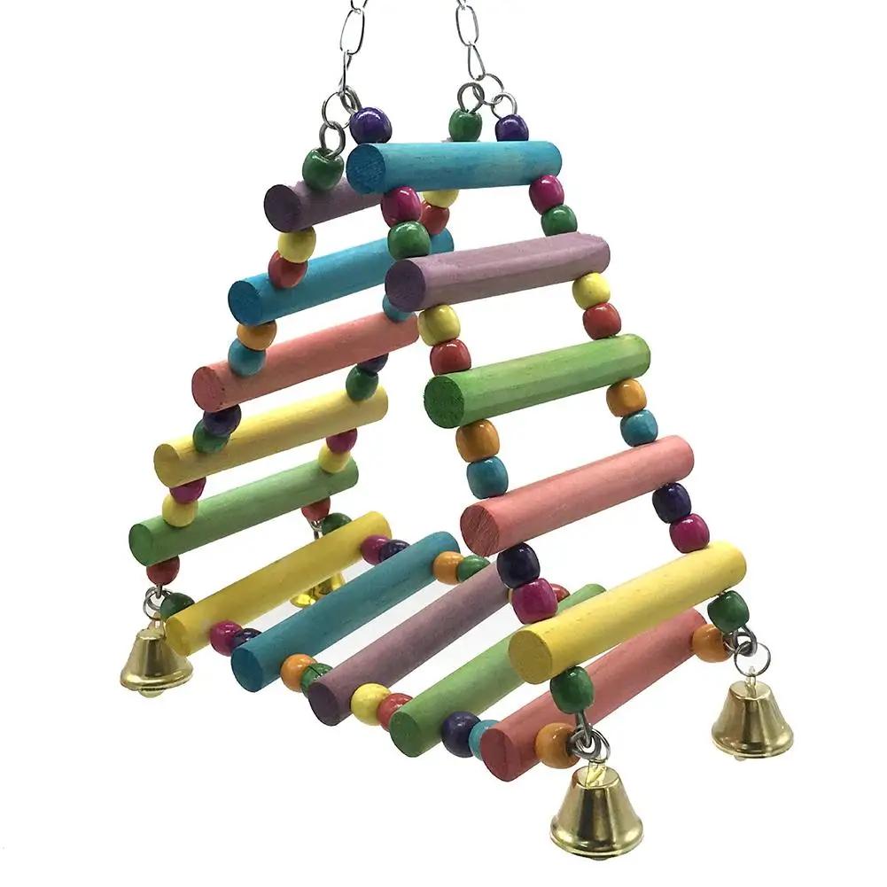 Papagaio de madeira pendurado arco-íris escalada escada brinquedo com sinos gaiola pássaro acessórios para grandes pequenos pássaros - Image 1