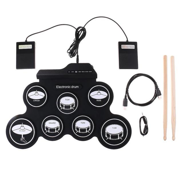 Bateria Eletrônica Digital Compacta USB com 7 Pads, Baquetas e Pedais - Conjunto Dobrável de Silicone