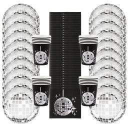 Conjunto de utensílios de mesa descartáveis para festa temática de discoteca, prata, bola de discoteca, guardanapos, copos, decoração de festa de aniversário dos anos 70, suprimentos de casamento - Image 4
