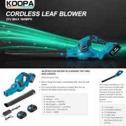 Koopa Cordless Elétrica Handheld Leaf Blower, Leve, Neve, Sopro de poeira, 1 Baterias e Carregador, 21V, 150MPH - Image 2